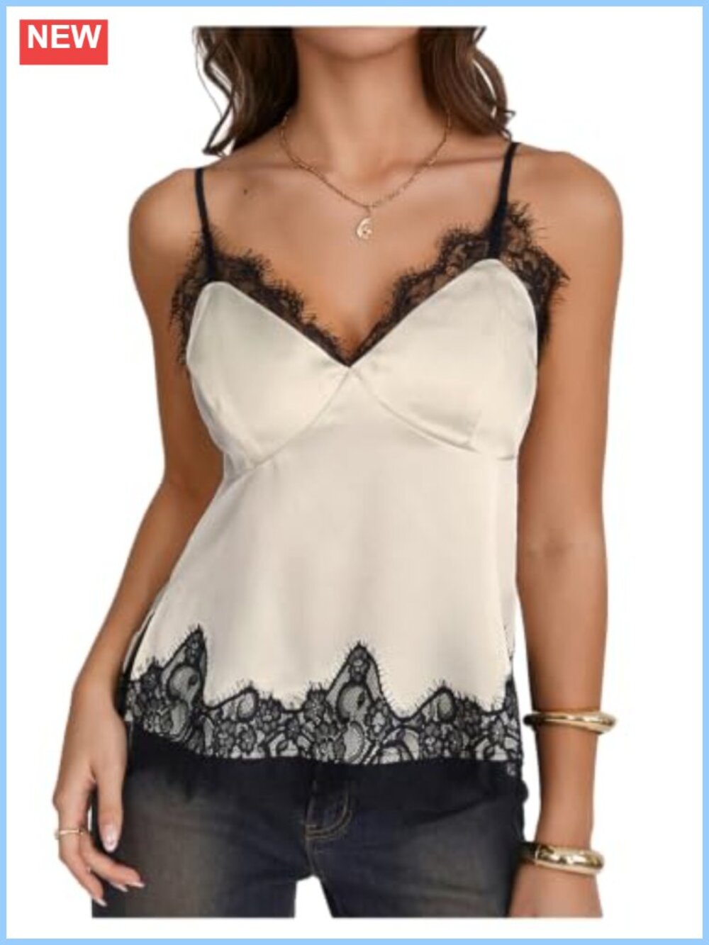 Lace Satin Spaghetti Strap Cropped Cami Top Sleeveless V-Neck